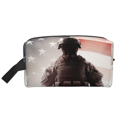 LHBWCVN Reise-Kulturbeutel für Damen und Herren, Leder, Make-up-Tasche, groß, tragbar, Reise-Organizer, amerikanische Flagge, Soldat, Kosmetiktasche mit Aufhängehaken, Reise-Badezimmertasche, von LHBWCVN
