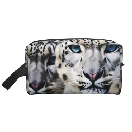 LHBWCVN Reise-Kulturbeutel für Damen und Herren, Leder, Make-up-Tasche, groß, tragbar, Reise-Organizer, blauäugiger Schneeleopard, Kosmetiktasche mit Aufhängehaken, Reise-Badezimmertasche, von LHBWCVN