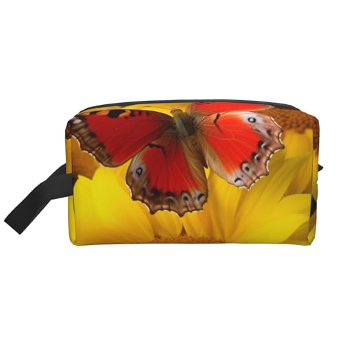 LHBWCVN Reise-Kulturbeutel für Damen und Herren, Leder, Make-up-Tasche, groß, tragbar, Reise-Organizer, gelbe Sonnenblumen mit rotem Schmetterling, Kosmetiktasche mit Aufhängehaken, von LHBWCVN