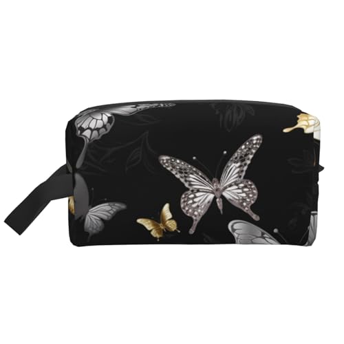 LHBWCVN Reise-Kulturbeutel für Damen und Herren, Leder, Make-up-Tasche, groß, tragbar, Reise-Organizer, goldfarbene weiße Schmetterlinge, schwarze Kosmetiktasche mit Aufhängehaken, von LHBWCVN