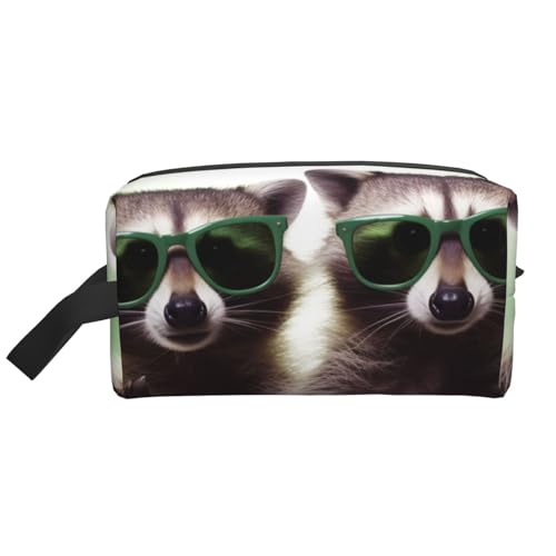LHBWCVN Reise-Kulturbeutel für Damen und Herren, Leder, Make-up-Tasche, groß, tragbar, Reise-Organizer, lustig, Waschbär, Grün, Sonnenbrille, Kosmetiktasche mit Haken zum Aufhängen, von LHBWCVN