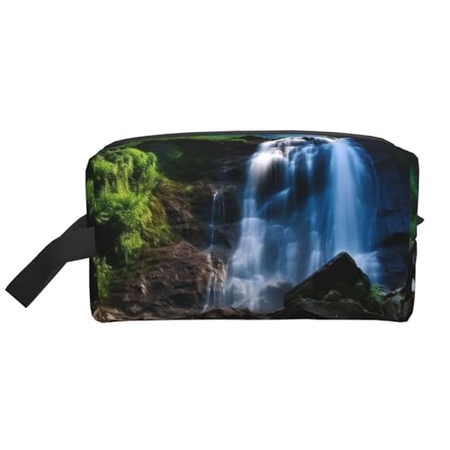 LHBWCVN Reise-Kulturbeutel für Damen und Herren, Leder, Make-up-Tasche, groß, tragbar, Reise-Organizer, malerischer Bergwasserfall, Kosmetiktasche mit Aufhängehaken, Reise-Badezimmertasche, von LHBWCVN
