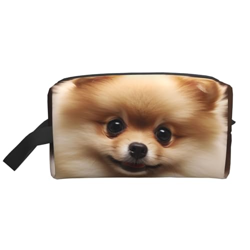 LHBWCVN Reise-Kulturbeutel für Damen und Herren, Leder, Make-up-Tasche, groß, tragbar, Reise-Organizer, niedlicher Zwergspitz, Kosmetiktasche mit Aufhängehaken, Reise-Badezimmertasche, Reißverschluss, von LHBWCVN