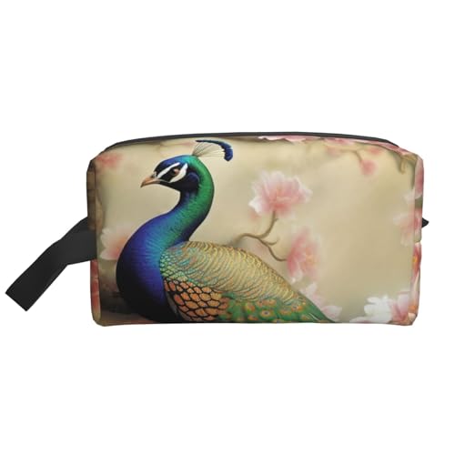 LHBWCVN Reise-Kulturbeutel für Damen und Herren, Leder, Make-up-Tasche, groß, tragbar, Reise-Organizer, orientalischer Pfau auf Blumenbaum, Kosmetiktasche mit Haken zum Aufhängen, von LHBWCVN