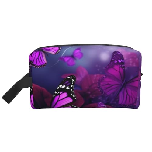LHBWCVN Reise-Kulturbeutel für Damen und Herren, Leder, Make-up-Tasche, groß, tragbar, Reise-Organizer, violette Schmetterlinge, Kosmetiktasche mit Aufhängehaken, Reise-Badezimmertasche, von LHBWCVN