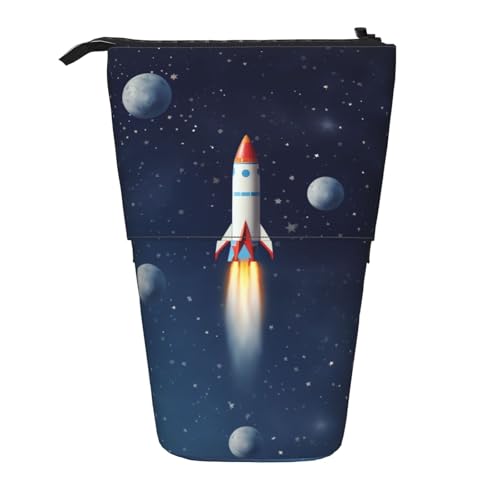 LHBWCVN Rocket in Space Kosmetiktasche, Stehendes Federmäppchen, Teleskop-Bleistifttasche, tragbarer Stifthalter, niedlicher Stand-up-Bleistiftbeutel für Damen und Herren, Reise-Münztasche, Geldbörse von LHBWCVN