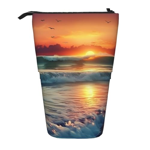 LHBWCVN Sunset Seaside Kosmetiktasche, Stehendes Federmäppchen, Teleskop-Bleistifttasche, tragbarer Stifthalter, niedliches Stand-up-Bleistiftetui für Damen und Herren, Reise-Münztasche, Geldbörse von LHBWCVN