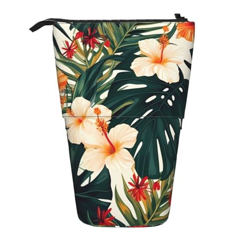 LHBWCVN Tropischer Sommer, Hawaii-Blume, Palmblätter, Kosmetiktasche, Stehendes Federmäppchen, Teleskop-Bleistifttasche, tragbarer Stifthalter, niedlicher Stand-up-Bleistiftbeutel für Damen und Herren von LHBWCVN
