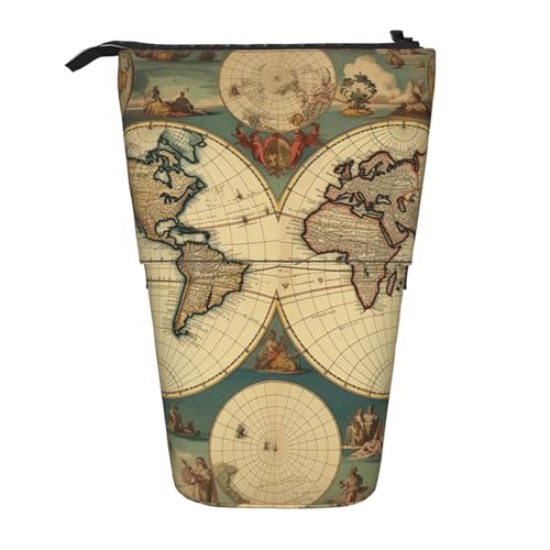 LHBWCVN Weltkarte Retro-Kosmetiktasche, Stehendes Federmäppchen, Teleskop-Federtasche, tragbarer Stifthalter, niedliches Stand-up-Bleistiftetui für Damen und Herren, Reise-Münztasche, Geldbörse von LHBWCVN