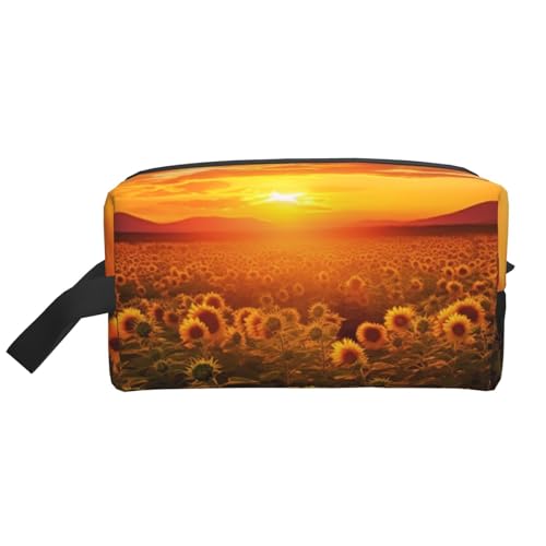 Reise-Kulturbeutel für Damen und Herren, Leder, Make-up-Tasche, groß, tragbar, Reise-Organizer, Sonnenblumenfeld, Sonnenuntergang, Blumenmeer, Kosmetiktasche mit Aufhängehaken, Reise-Badezimmertasche, von LHBWCVN