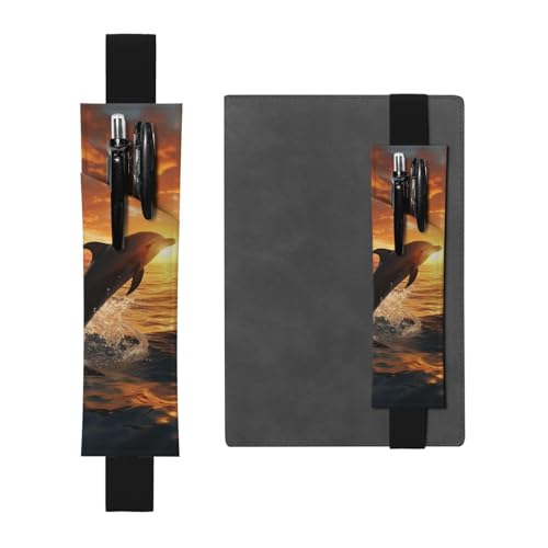 Elastischer Stifthalter für Notizbuch, Lesezeichen, PU-Leder, Stifthalter mit verstellbarem Band, Stifteetui, Delfine, die bei Sonnenuntergang aus dem Wasser springen, Federmäppchen für Planer, Ordner von LHCVSFGW