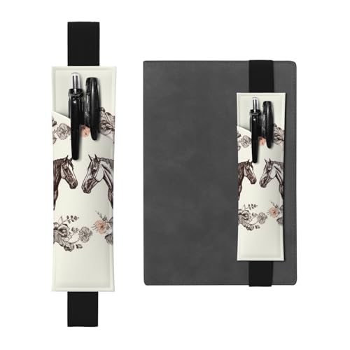 LHCVSFGW Elastischer Stifthalter für Notizbuch, Lesezeichen, PU-Leder, Stifthalter mit verstellbarem Band, Stifteetui, Blumen und Pferde, handgezeichnetes Federmäppchen für Planer, Ordner, Bücher von LHCVSFGW
