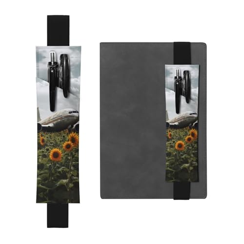 LHCVSFGW Elastischer Stifthalter für Notizbuch, Lesezeichen, PU-Leder, Stifthalter mit verstellbarem Band, Stifteetui, Flugzeug fliegt zum Sonnenblumenfeld, Federmäppchen, Federmäppchen für Planer von LHCVSFGW