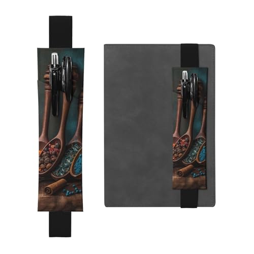 LHCVSFGW Elastischer Stifthalter für Notizbuch, Lesezeichen, PU-Leder, Stifthalter mit verstellbarem Band, Stifteetui, Gewürze auf Holzlöffel, Federmäppchen, Federmäppchen für Planer, Ordner, Bücher von LHCVSFGW