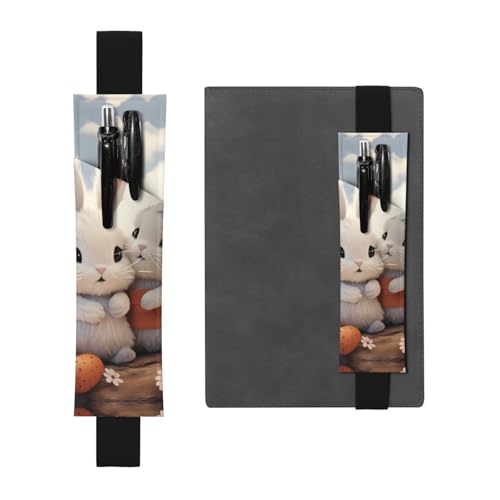 LHCVSFGW Elastischer Stifthalter für Notizbuch, Lesezeichen, PU-Leder, Stifthalter mit verstellbarem Band, Stifteetui, Häschenumarmung, Federmäppchen für Planer, Ordner, Bücher, Schwarz von LHCVSFGW