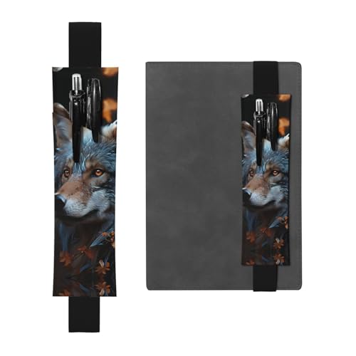 LHCVSFGW Elastischer Stifthalter für Notizbuch, Lesezeichen, PU-Leder, Stifthalter mit verstellbarem Band, Stifteetui, Herbstblätter und ein Wolf-Federmäppchen, Federmäppchen für Planer, Ordner von LHCVSFGW