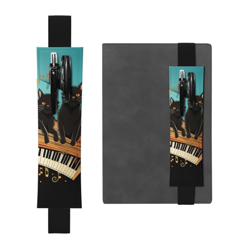 LHCVSFGW Elastischer Stifthalter für Notizbuch, Lesezeichen, PU-Leder, Stifthalter mit verstellbarem Band, Stifteetui, Katze, die auf der Klaviertastatur liegen, Federmäppchen für Planer, Ordner von LHCVSFGW