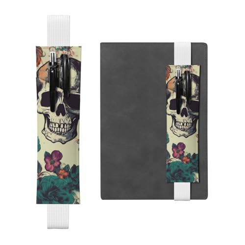 LHCVSFGW Elastischer Stifthalter für Notizbuch, Lesezeichen, PU-Leder, Stifthalter mit verstellbarem Band, Stifteetui, Totenkopf-Blume, Federmäppchen für Planer, Ordner, Bücher von LHCVSFGW