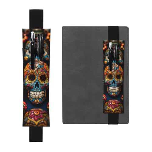LHCVSFGW Elastischer Stifthalter für Notizbuch, Lesezeichen, PU-Leder, Stifthalter mit verstellbarem Band, Stifteetui, bunte Totenköpfe, Federmäppchen für Planer, Ordner, Bücher von LHCVSFGW