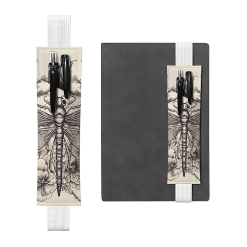 LHCVSFGW Elastischer Stifthalter für Notizbuch, Lesezeichen, PU-Leder, Stifthalter mit verstellbarem Band, Stifteetui, handgezeichnetes Blumenmuster, Libellen, Federmäppchen für Planer, Ordner, Bücher von LHCVSFGW