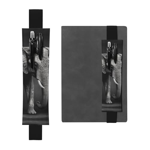 LHCVSFGW Elastischer Stifthalter für Notizbuch, Lesezeichen, PU-Leder, Stifthalter mit verstellbarem Band, Stifteetui, schwarz und weiß, Elefantenbild, Federmäppchen für Planer, Ordner, Bücher von LHCVSFGW