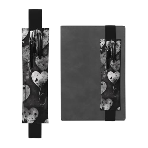 LHCVSFGW Elastischer Stifthalter für Notizbuch, Lesezeichen, PU-Leder, Stifthalter mit verstellbarem Band, Stifteetui, schwarz und weiß, Herzform, Federmäppchen für Planer, Ordner, Bücher von LHCVSFGW