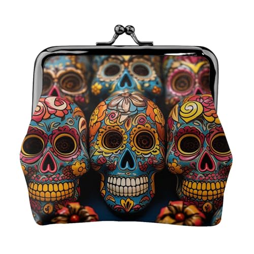 Bunte Geldbörse mit Totenköpfen für Damen, Kiss-Lock-Geldbörse, Leder, niedliche Münzgeldbörse, Mini-Münztasche, Kleingeldtasche, Schlüsselhalter von LHDGBNV