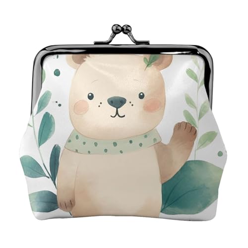 Grüne Blätter und Bär, kleine Münzbörse für Frauen, Kiss-Lock-Geldbörse, Leder, niedliche Münzgeldbörse, Mini-Münztasche, Kleingeldbörse, Schlüsselhalter von LHDGBNV