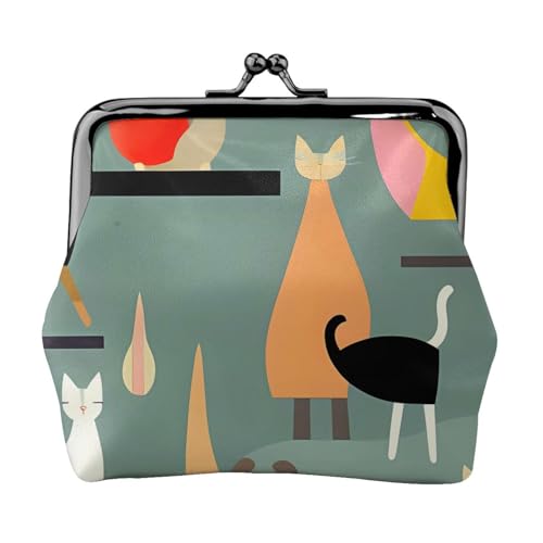 Kleine Geldbörse aus der Mitte des Jahrhunderts mit Katzenmotiv, Kiss-Lock-Geldbörse, Leder, niedliche Münzgeldbörse, Mini-Münztasche, Kleingeldtasche, Schlüsselhalter von LHDGBNV