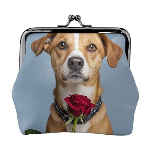 Kleine Geldbörse für Damen, Motiv: Hund mit Rose, Kiss-Lock-Geldbörse, Leder, niedliche Münzgeldbörse, Mini-Münztasche, Kleingeldtasche, Schlüsselhalter Kleine Geldbörse für Damen, Motiv: Hund mit Rose, Kiss-Lock-Geldbörse, Leder, niedliche Münzgeldbörse, Mini-Münztasche, Kleingeldtasche, Schlüsselhalter von LHDGBNV