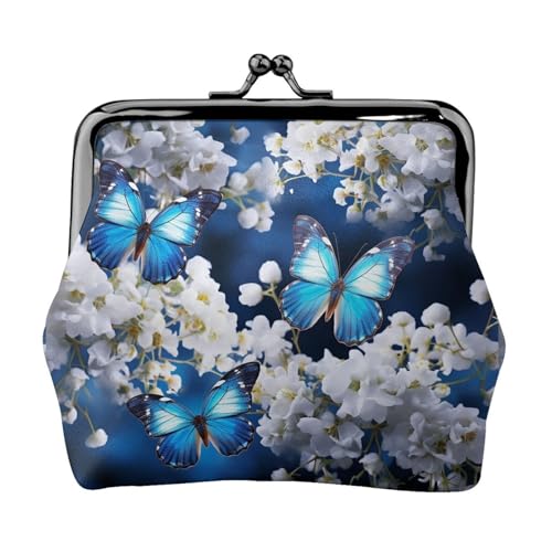 Kleine Geldbörse für Damen, Motiv: blaue Schmetterlinge, weiße Blumen, Kiss-Lock-Geldbörse, Leder, niedliche Münzgeldbörse, Mini-Münztasche, Kleingeldbörse, Schlüsselhalter Kleine Geldbörse für Damen, Motiv: blaue Schmetterlinge, weiße Blumen, Kiss-Lock-Geldbörse, Leder, niedliche Münzgeldbörse, Mini-Münztasche, Kleingeldbörse, Schlüsselhalter von LHDGBNV