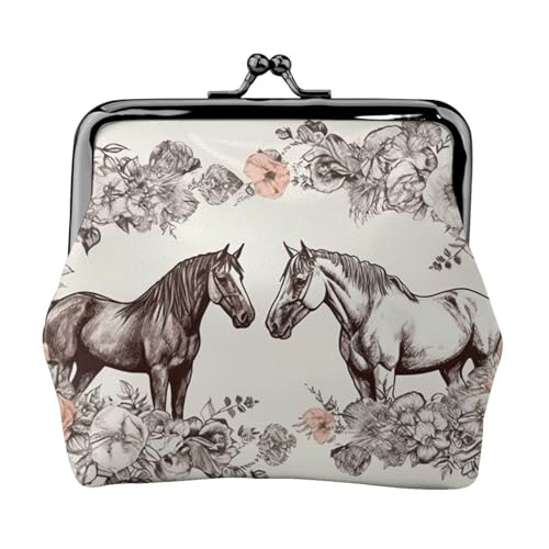 Kleine Geldbörse mit Blumen und Pferden, handgezeichnet, für Frauen, Kiss-Lock-Geldbörse, Leder, niedliche Münzbörse, Mini-Münztasche, Kleingeldbörse, Schlüsselhalter von LHDGBNV