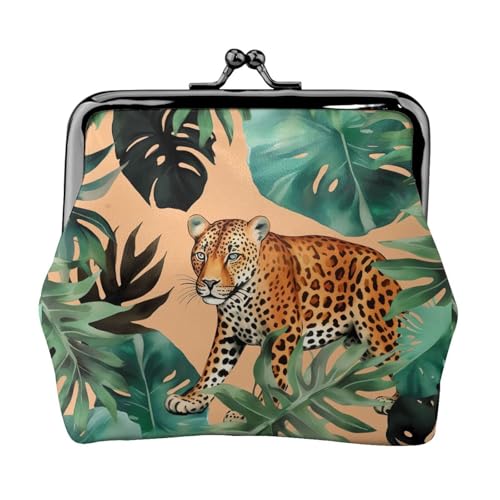 Kleine Geldbörse mit Leoparden- und Palmblatt-Muster, für Damen, Kiss-Lock-Geldbörse, Leder, niedliche Münzbörse, Mini-Münztasche, Kleingeldbörse, Schlüsselhalter von LHDGBNV