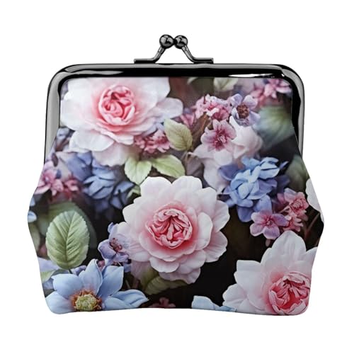 Kleine Geldbörse mit blauen und rosa Blumen für Frauen, Kiss-Lock-Geldbörse, Leder, niedliche Münzgeldbörse, Mini-Münztasche, Kleingeldbörse, Schlüsselhalter von LHDGBNV