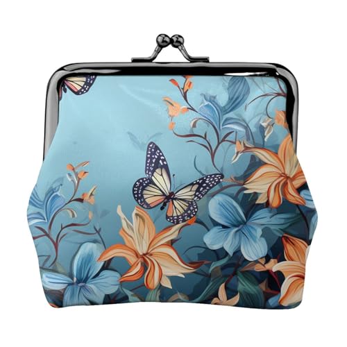 Kleine Münzbörse für Damen, Motiv: Schmetterling, Blumenmuster, Leder, niedliches Münzfach, Kleingeldtasche, Schlüsselhalter, Blau von LHDGBNV