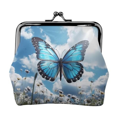 Kleine Münzbörse für Damen, Motiv: Schmetterling und Wolken, Leder, niedlich, Münzfach, Kleingeldtasche, Schlüsselhalter, Blau von LHDGBNV