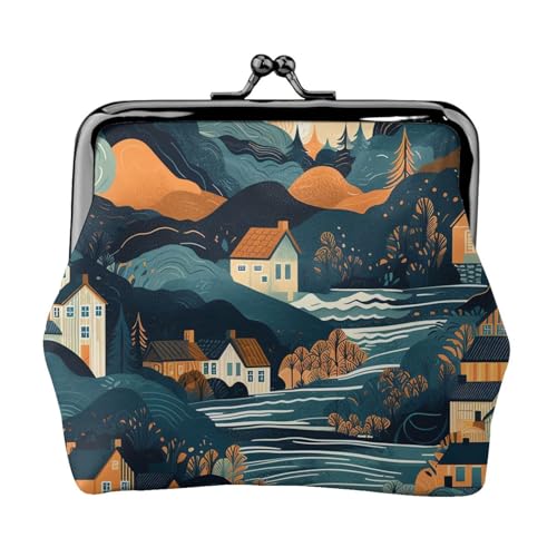 Kleines Portemonnaie für Damen, Motiv: Berge und Häuser, Kiss-Lock-Geldbörse, Leder, niedliche Münzbörse, Mini-Münztasche, Kleingeldbörse, Schlüsselhalter von LHDGBNV