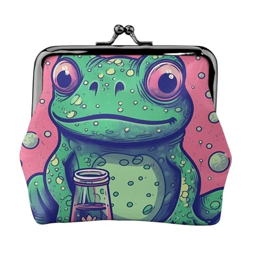 Kleines Portemonnaie für Damen, Motiv: Frosch, der auf die Flasche starrt, Kiss-Lock-Geldbörse, Leder, niedliche Münzgeldbörse, Mini-Münztasche, Kleingeldtasche, Schlüsselhalter von LHDGBNV