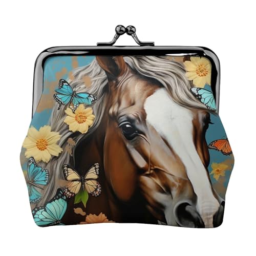 Kleines Portemonnaie für Damen, Motiv: Pferd mit Blumen, Kiss-Lock-Geldbörse, Leder, niedliche Münzbörse, Mini-Münztasche, Kleingeldtasche, Schlüsselhalter von LHDGBNV