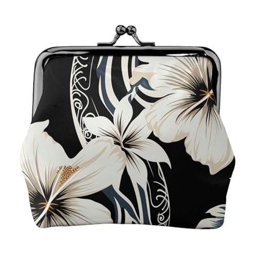 Kleines Portemonnaie mit hawaiianischen Blumen, Schwarz und Weiß, für Damen, Kiss-Lock-Geldbörse, Leder, niedliche Münzbörse, Mini-Münztasche, Kleingeldbörse, Schlüsselhalter von LHDGBNV