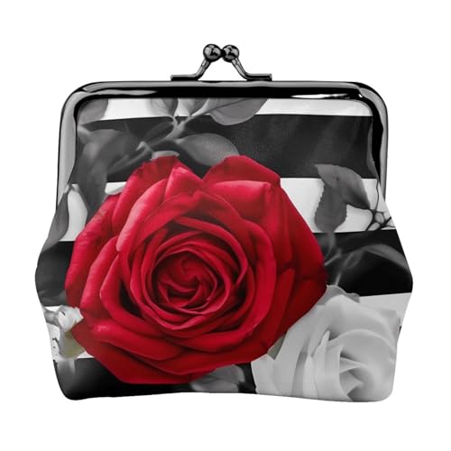 Kleines Portemonnaie mit schwarzen weißen Streifen, rote Rose, Blumen, kleine Münzgeldbörse für Frauen, Kiss-Lock-Geldbörse, Leder, niedliche Münzgeldbörse, Mini-Münztasche, Kleingeldbörse von LHDGBNV