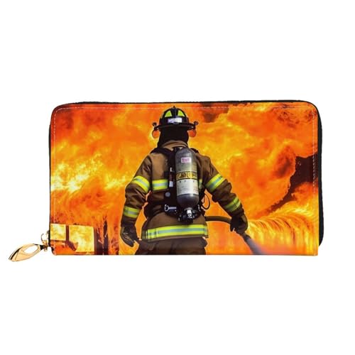 LHDGBNV Firefighter Feuerwehrmann Flamme Leder Geldbörsen für Frauen Wasserdicht Reißverschluss Rund Clutch Geldbörsen Groß Kreditkartenhalter mit Handyhalter Damen Reise Münzgeldbörse Schwarz von LHDGBNV
