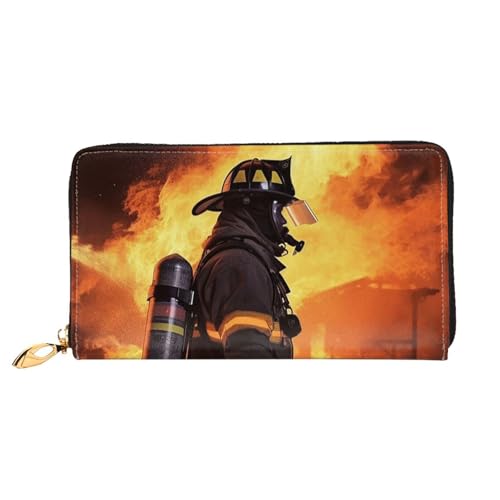 LHDGBNV Firefighter Feuerwehrmann Flamme Leder Geldbörsen für Frauen Wasserdicht Reißverschluss Rund Clutch Geldbörsen Groß Kreditkartenhalter mit Handyhalter Damen Reise Münzgeldbörse Schwarz von LHDGBNV