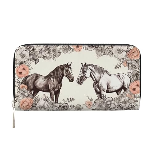 LHDGBNV Geldbörse aus PU-Leder für Damen und Mädchen, mit Reißverschluss, Kreditkartenhalter, Blumen und Pferde, handgezeichnete, lange Geldbörse, Clutch, wasserdicht, Reisehandtasche von LHDGBNV