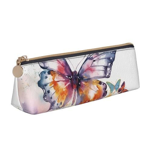 LHDGBNV Leder-Federmäppchen, stilvolles Federmäppchen, schlankes Federmäppchen mit Reißverschluss, Aquarell-Schmetterling, Kosmetiktasche für Arbeit, Büro von LHDGBNV