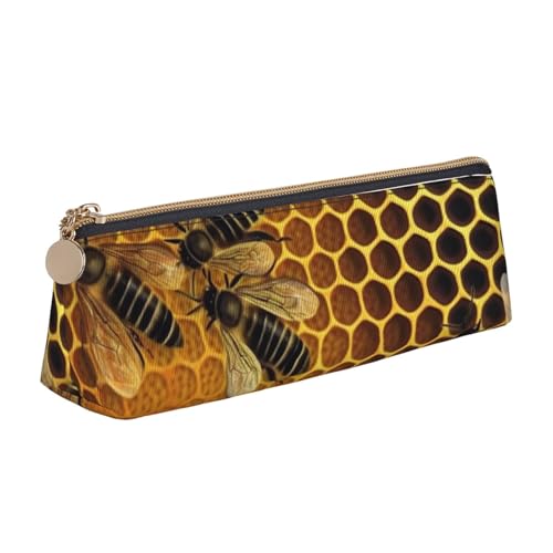 LHDGBNV Leder-Federmäppchen, stilvolles Federmäppchen, schlankes Federmäppchen mit Reißverschluss, Bienen auf Bienenstock, Kosmetiktasche für Arbeit, Büro von LHDGBNV