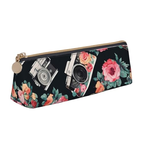 LHDGBNV Leder-Federmäppchen, stilvolles Federmäppchen, schlankes Federmäppchen mit Reißverschluss, Blume, Kamera, Kosmetik, Make-up-Tasche für Arbeit, Büro von LHDGBNV