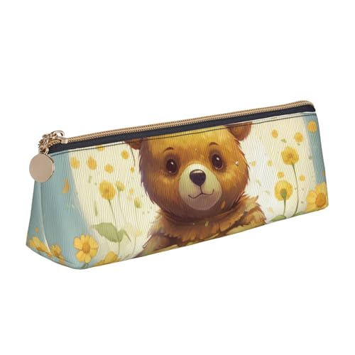 LHDGBNV Leder-Federmäppchen, stilvolles Federmäppchen, schlankes Federmäppchen mit Reißverschluss, Blume und Bär, Kosmetiktasche für Arbeit, Büro von LHDGBNV