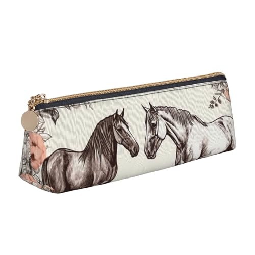 LHDGBNV Leder-Federmäppchen, stilvolles Federmäppchen, schlankes Federmäppchen mit Reißverschluss, Blumen und Pferde, handgezeichnete Kosmetiktasche für Arbeit, Büro von LHDGBNV