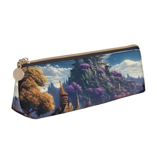 LHDGBNV Leder-Federmäppchen, stilvolles Federmäppchen, schlankes Federmäppchen mit Reißverschluss, Fantasy-Stadt-Kosmetik-Make-up-Tasche für Arbeit und Büro von LHDGBNV